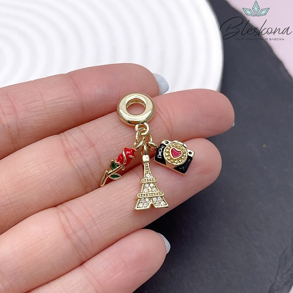 10 мм Цвет золото, Подвеска  Путешественника (роза, Эйфелева башня, фотоаппарат)