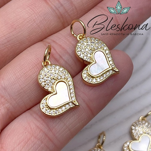 17*12,5 мм Цвет золото, Подвеска сердце с перламутром и цирконами