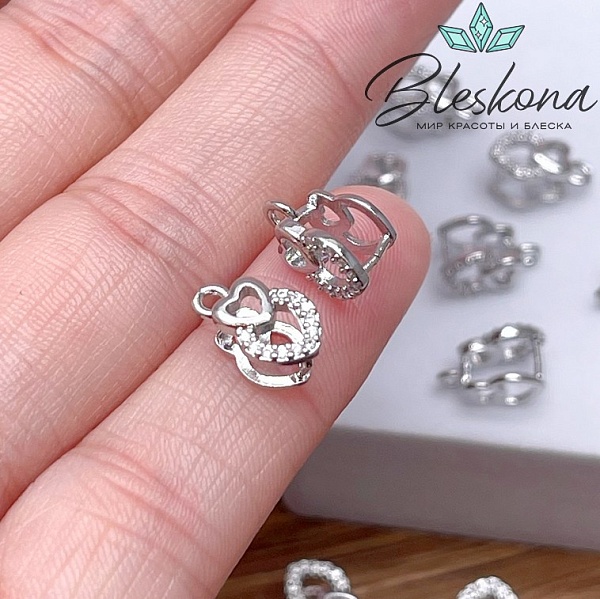 11,5*6,5 мм Цвет серебро, Бейл Зажимной сердечки цирконы