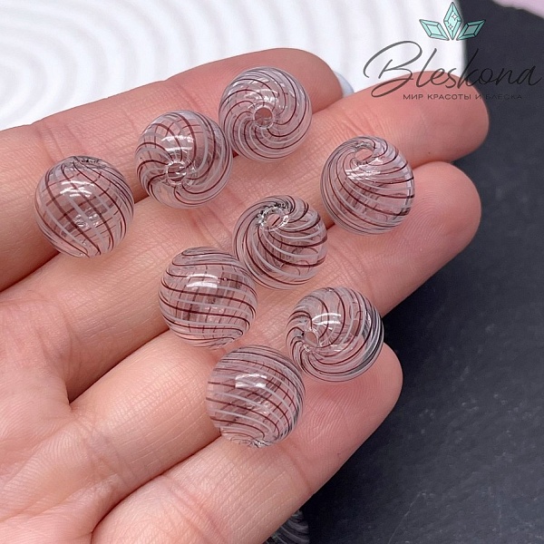 13 мм Бусина шар стекло прозрачное бело- коричневые полосы