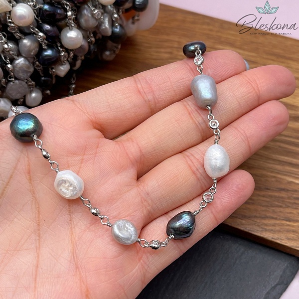 Цепь №252-4 цвет серебро, Жемчуг микс и цирконы 4*8,5 мм/12*8,5 мм