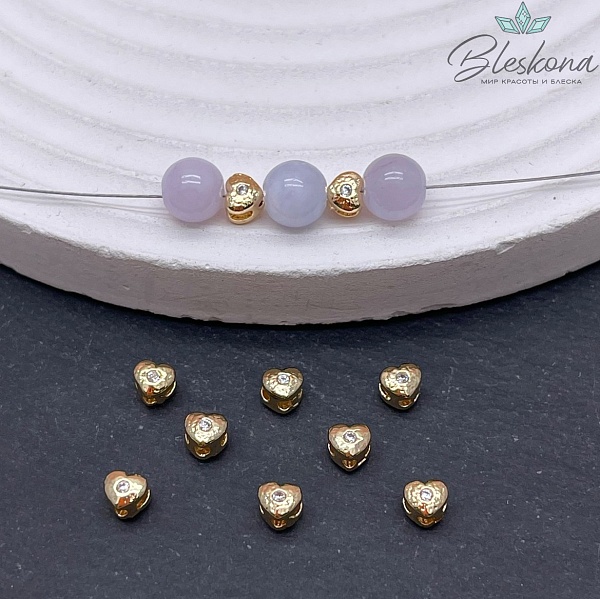 4 мм Цвет золото, Бусина Сердце фактурное мини циркон