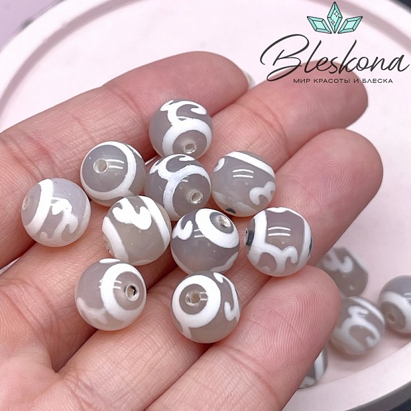 Бусина Дзи Зеленая тара серо-белый шар 10 мм уп.10 шт