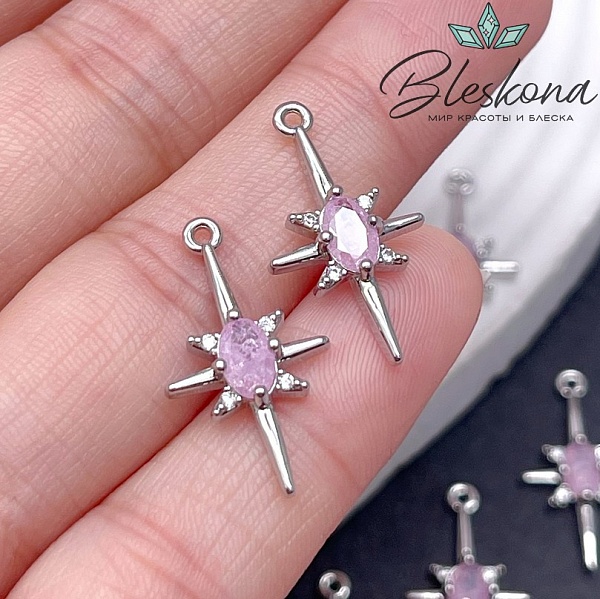22,5*12,5 мм Цвет серебро, Подвеска серверная звезда розовое стекло