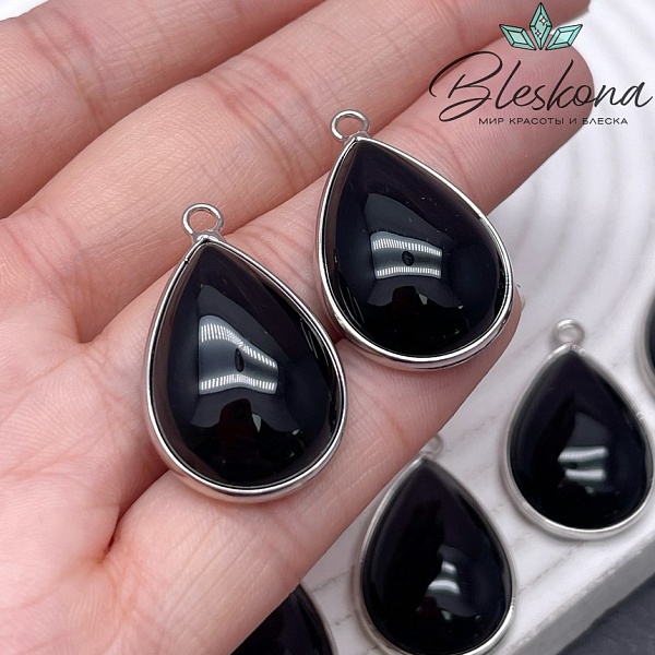 30*19 мм Цвет серебро, Подвеска капля Агат черный