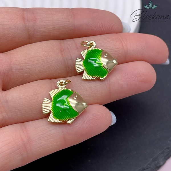 17,3*17,5 мм Цвет золото, Подвеска рыбка зеленая эмаль 