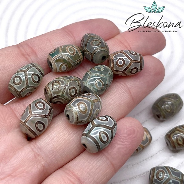 Бусина Дзи 6 глаз Черепаха зелено-коричневый бочонок 10*14 мм