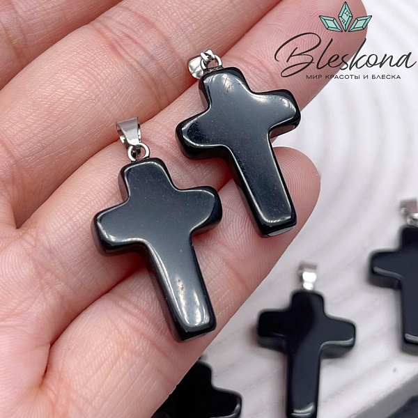 Подвеска крест Агат черный, цвет серебро 28*18 мм