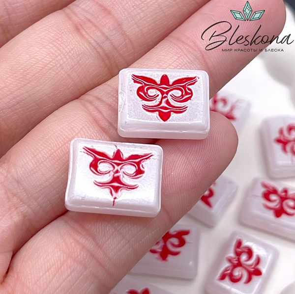 12*16 мм Бусина Этно прямоугольник белый красный рисунок