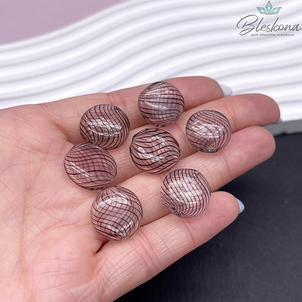 16 мм Бусина таблетка стекло прозрачное коричневые полосы, отверстие поперек