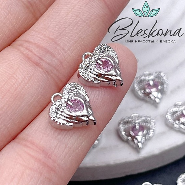 11*10,5 мм Цвет серебро, Подвеска Сердце розовый циркон