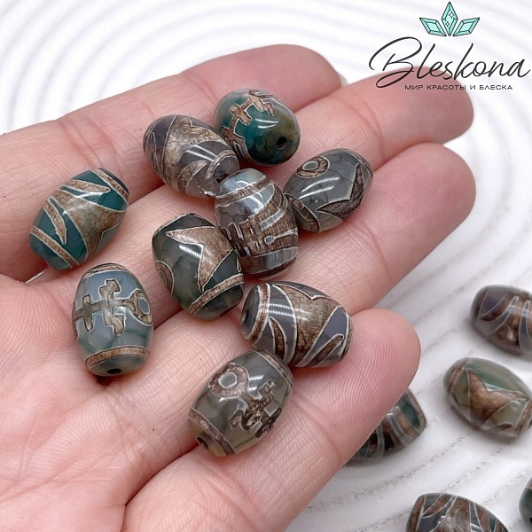 Бусина Дзи Большой человек (Аристократ) зелено-коричневый бочонок 10*14 мм