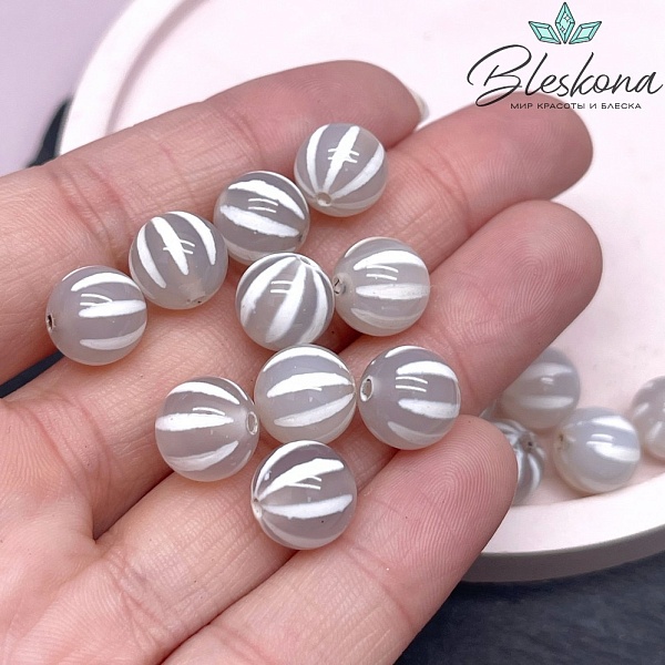 Бусина Дзи полосы серо-белый шар 10 мм уп.10 шт.