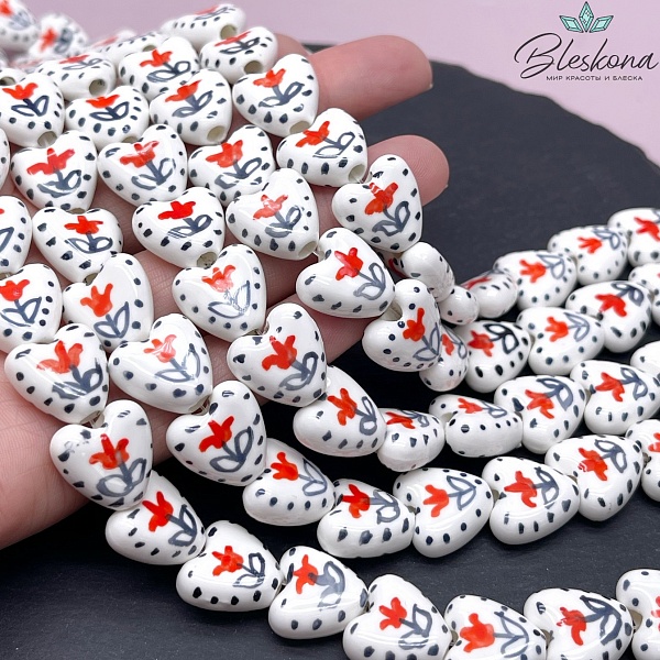 14,5 мм Бусина сердце, керамика цвет белый красный тюльпан