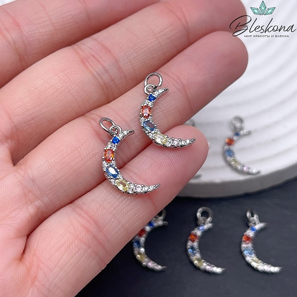 17,5*10 мм Цвет серебро, Подвеска полумесяц цветные цирконы