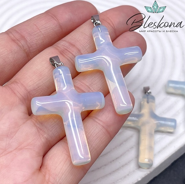Подвеска крест Лунный камень (имитация), цвет серебро 42*28 мм