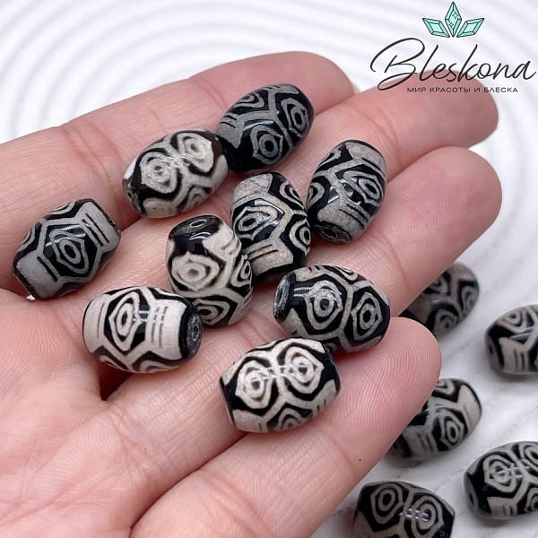 Бусина Дзи 6 глаз Феникса черно-белый бочонок 10*14 мм